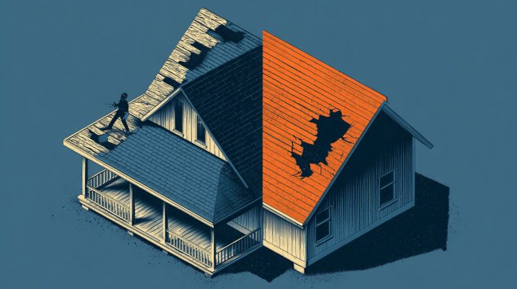 Isometric illustration showing minor roof damage versus severe structural damage.