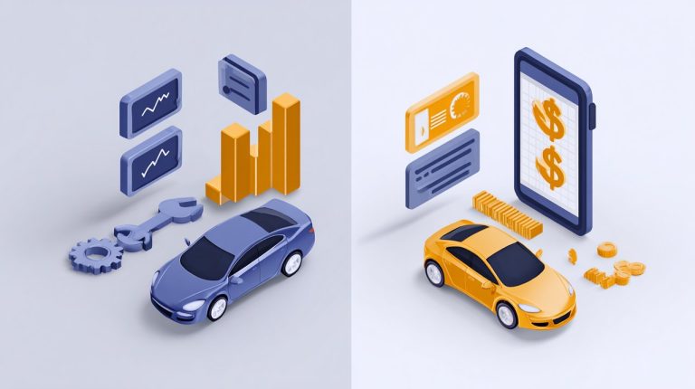 Isometric graphic comparing fixed cost model of car ownership with variable pay-per-use model of ride-hailing.