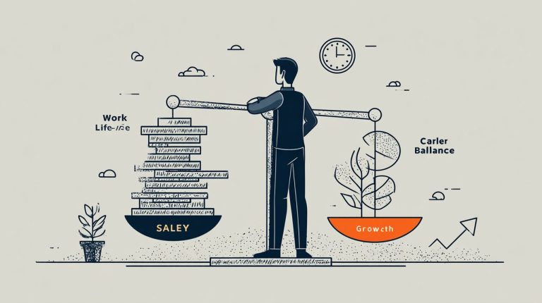 An illustration of a person weighing career factors like salary, work-life balance, and growth.