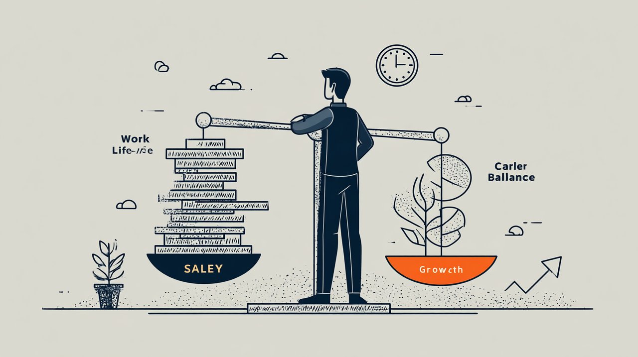 An illustration of a person weighing career factors like salary, work-life balance, and growth.