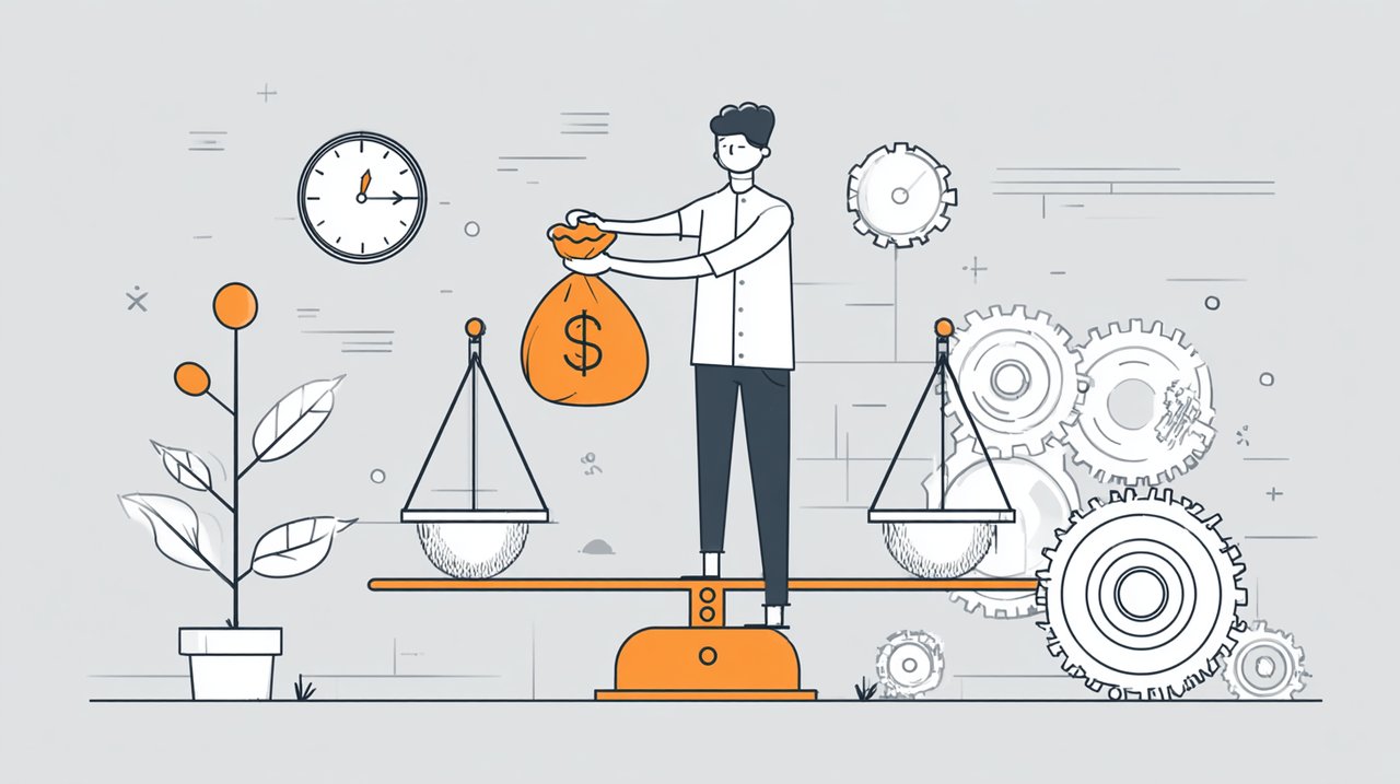 A person weighing a large money bag against symbols of career growth, work-life balance, and company culture on a scale.