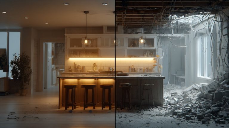 The stark contrast between a beautifully renovated home and a chaotic construction site