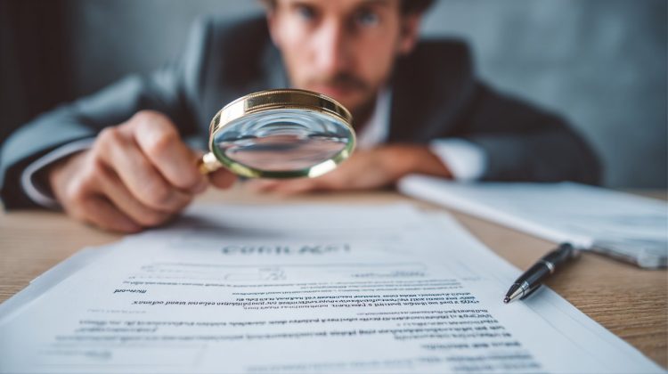 Homeowner scrutinizing contractor documents and licenses during an interview