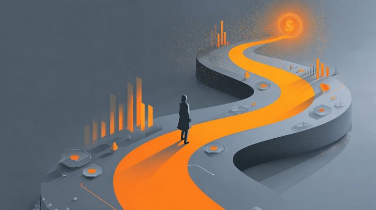 A minimalist, conceptual illustration of a winding, dark road representing debt transforming into a straight, bright path towards financial freedom, with a confident figure. Emphasizes clarity, savings, and accelerated debt repayment.