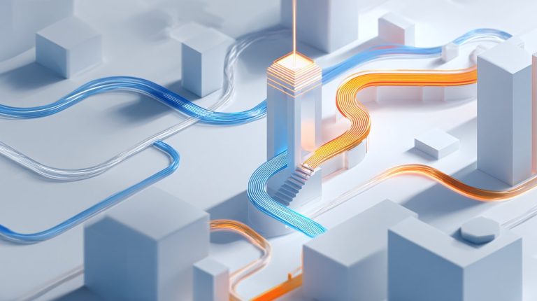 An isometric minimalist illustration showing two distinct financial paths, one blue and one orange, emerging from a tangle of lines and leading to a bright, clear horizon, symbolizing debt repayment strategies and financial freedom.