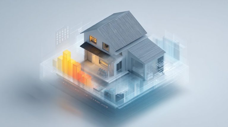 A minimalist 3D illustration of a house with glowing financial data layers, representing comprehensive home loan cost analysis.