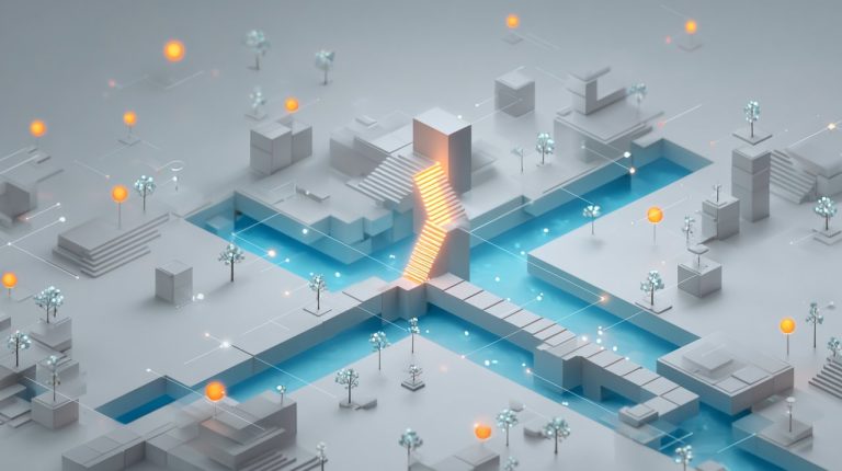 An isometric 3D illustration depicting a glowing data path leading towards a serene horizon, symbolizing the journey to financial independence and early retirement (FIRE) with data visualization.