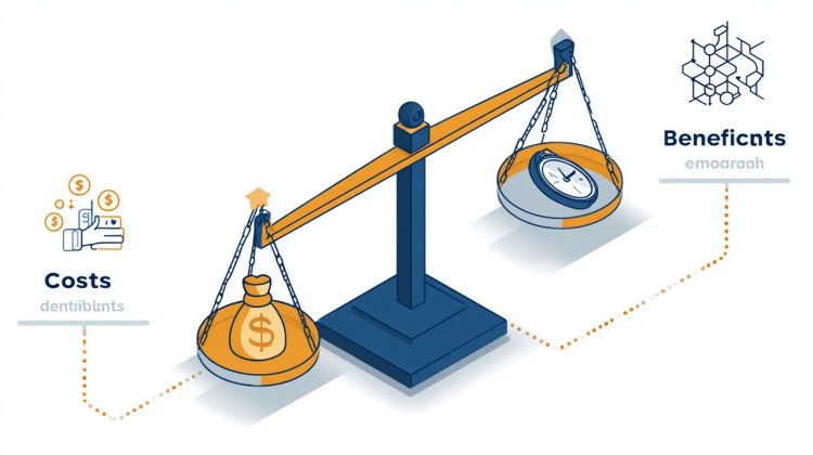 Isometric illustration of a cost-benefit analysis scale.