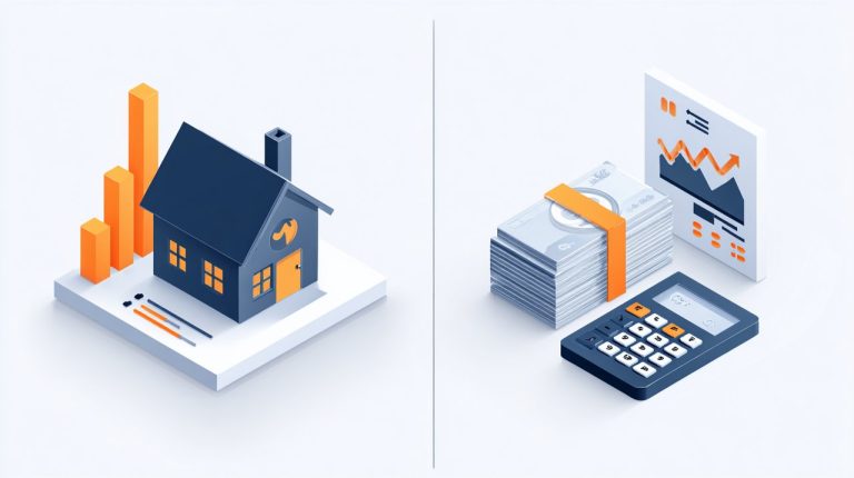 An isometric illustration comparing financial metrics for renting and buying.