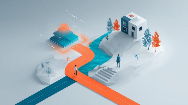 An isometric illustration showing a person at a crossroads, symbolizing the rent vs. buy decision, with paths leading to different financial futures and a data visualization overlay for clarity.