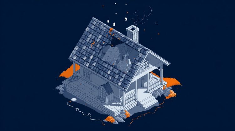 An isometric illustration of a house roof highlighting various common problem areas with distinct icons.