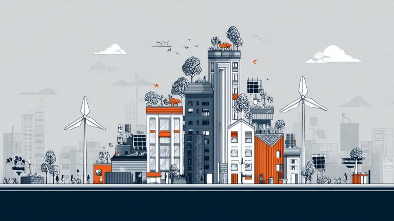 An illustration of a sustainable city integrating green infrastructure, smart technology, and community elements.