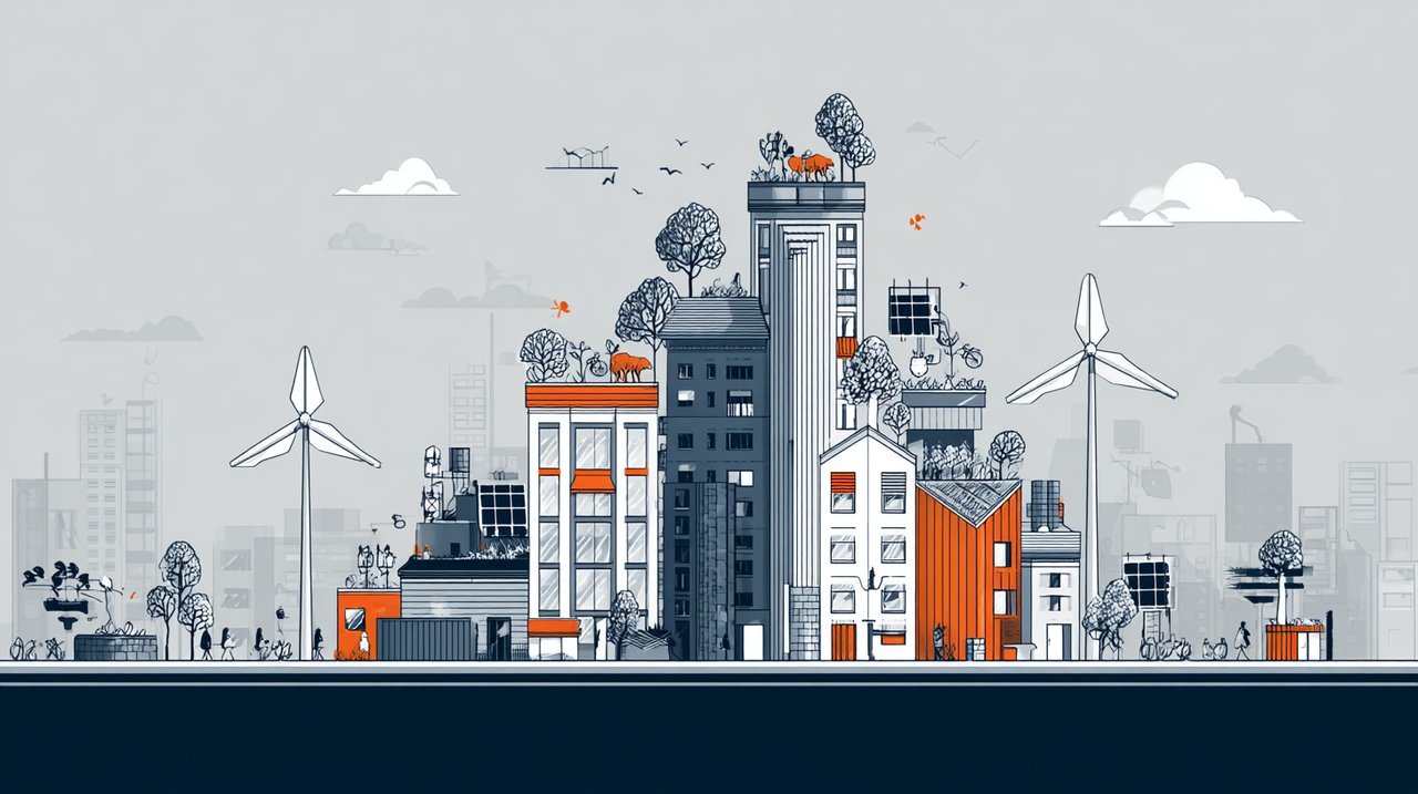 An illustration of a sustainable city integrating green infrastructure, smart technology, and community elements.