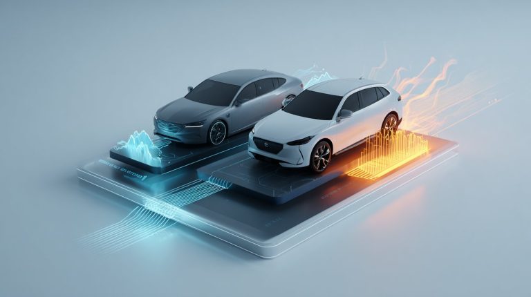 Minimalist isometric illustration comparing the total cost of ownership for two cars, showing initial, fuel, maintenance, and depreciation costs with data visualization elements in tech blue and orange.