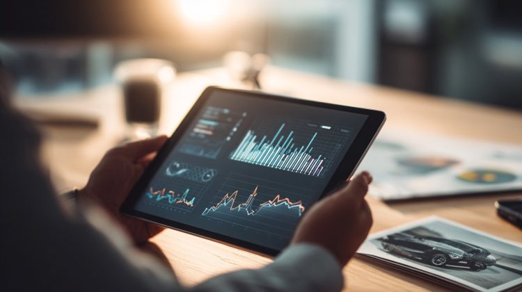 Person researching car resale values on a tablet.