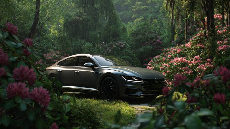 A sleek car in a lush garden, symbolizing financial cultivation.