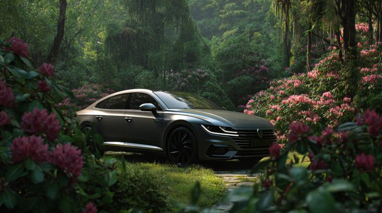 A sleek car in a lush garden, symbolizing financial cultivation.