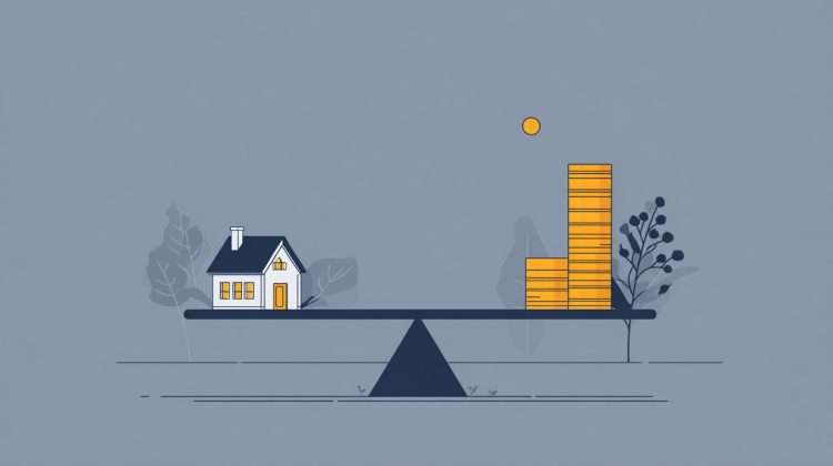 A minimalist illustration of a financial seesaw balancing monthly mortgage payments against the total cost of a home, without any text.