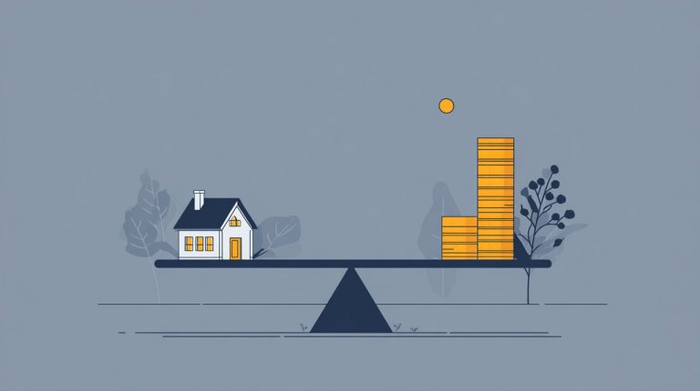 A minimalist illustration of a financial seesaw balancing monthly mortgage payments against the total cost of a home, without any text.