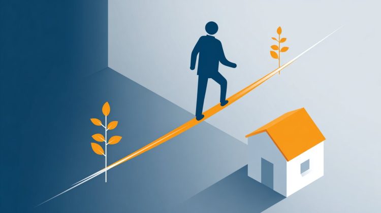 A corporate style illustration of a first-time home buyer balancing affordability and long-term financial growth, represented by a tightrope walk without any text.