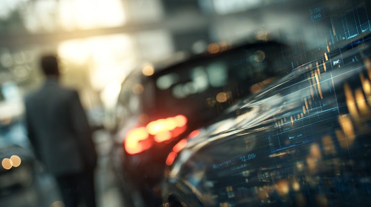 A person looking thoughtfully at a new car's price tag, with blurred financial charts and numbers subtly overlaid, symbolizing hidden costs.