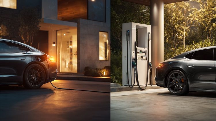 Split image showing a modern electric vehicle charging at a home station on one side, and a gasoline car at a fuel pump on the other, illustrating the contrast in fueling.
