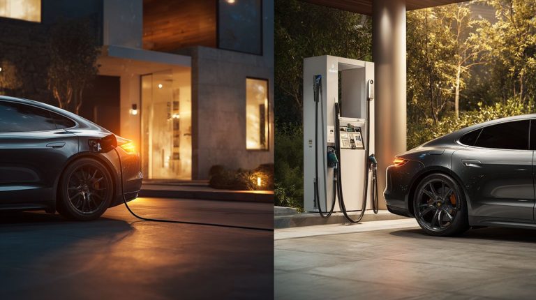 Split image showing a modern electric vehicle charging at a home station on one side, and a gasoline car at a fuel pump on the other, illustrating the contrast in fueling.