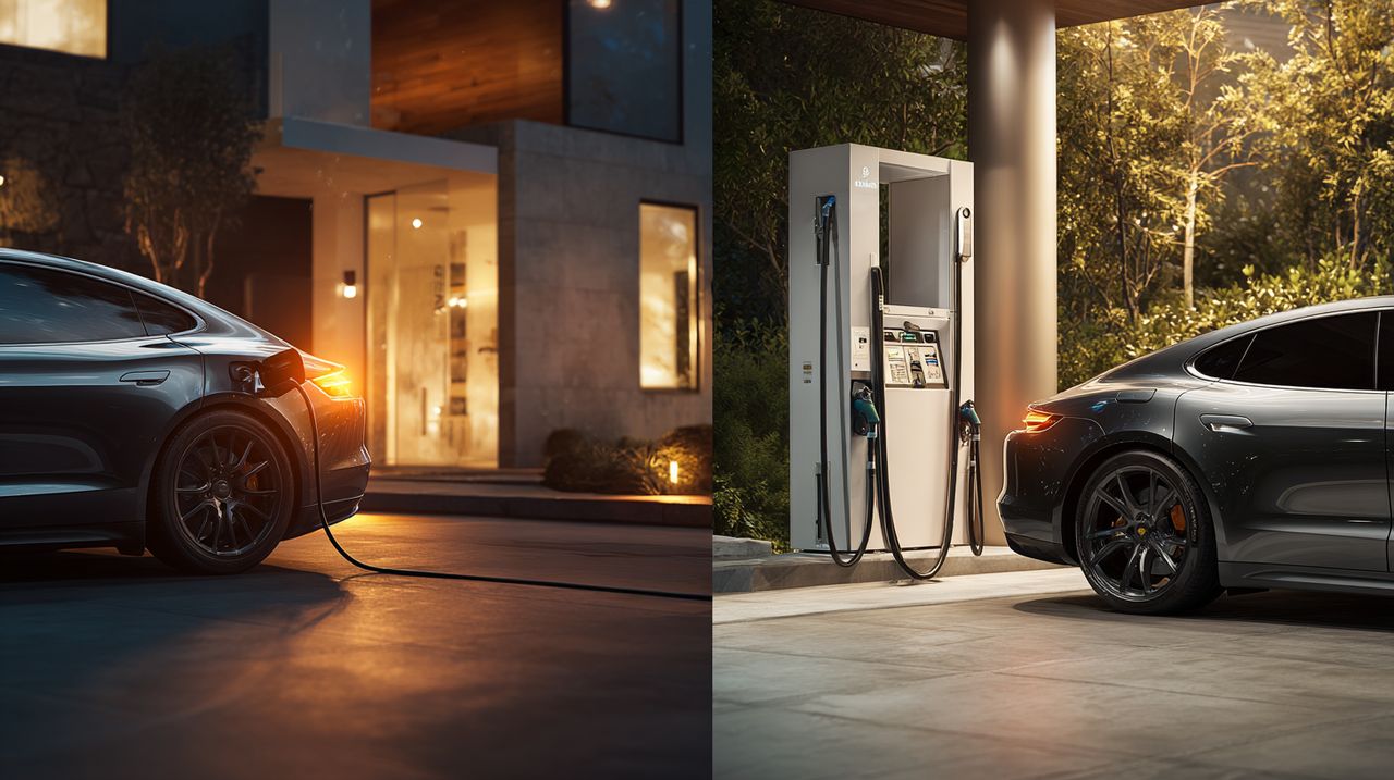 Split image showing a modern electric vehicle charging at a home station on one side, and a gasoline car at a fuel pump on the other, illustrating the contrast in fueling.
