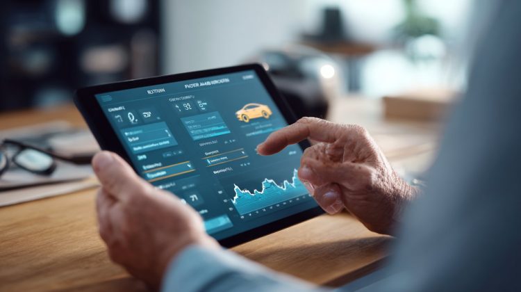 A person's hands interacting with a digital car ownership cost calculator interface on a tablet, displaying various financial inputs and graphs.
