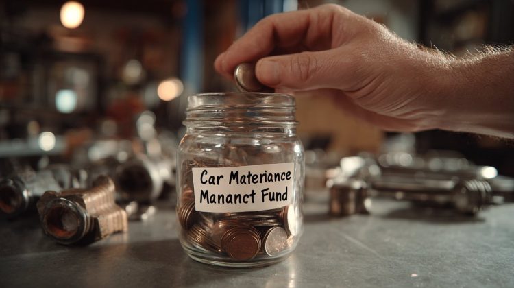 Photorealistic image of hands placing money into a clear jar labeled 'Car Maintenance Fund' with car parts in the background.