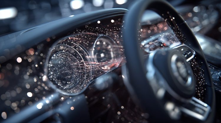 Photorealistic image of a complex financial network superimposed on a car, symbolizing hidden costs of car ownership.