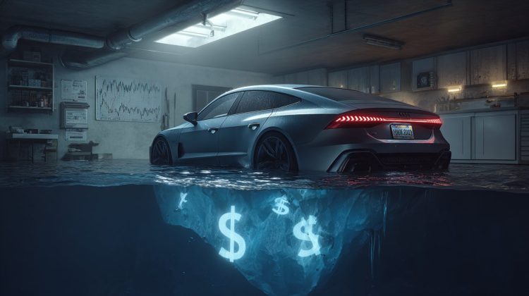 Photorealistic image of a luxury car with subtle visual cues of value erosion or depreciation, perhaps a fading effect or numerical decline.