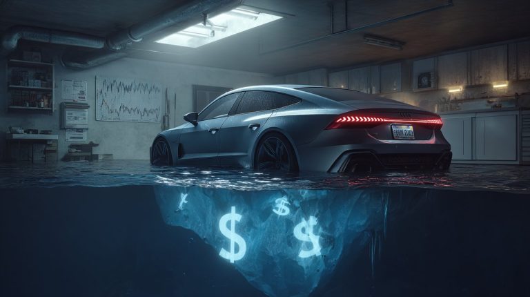 Photorealistic image of a luxury car with subtle visual cues of value erosion or depreciation, perhaps a fading effect or numerical decline.