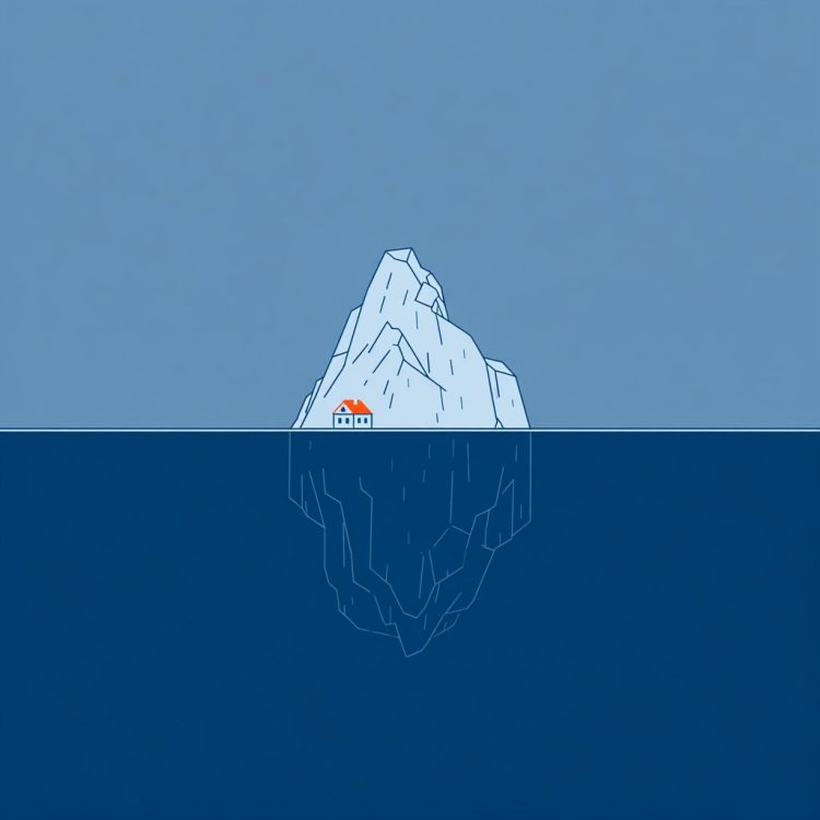 A minimalist flat illustration of an iceberg with a small visible tip and a large submerged portion, representing hidden costs in homeownership.