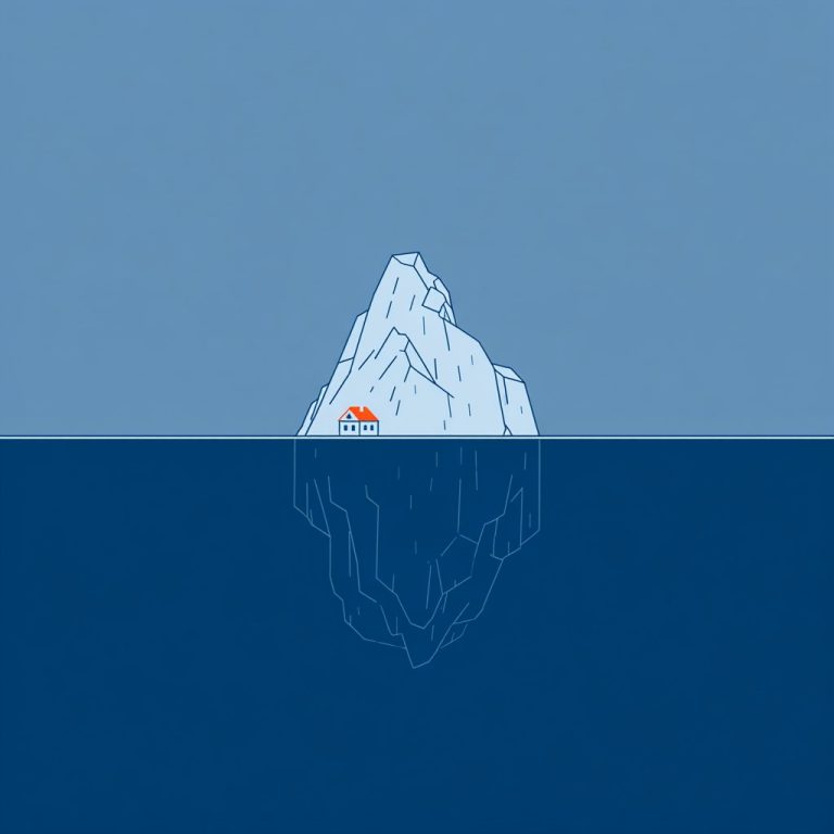A minimalist flat illustration of an iceberg with a small visible tip and a large submerged portion, representing hidden costs in homeownership.