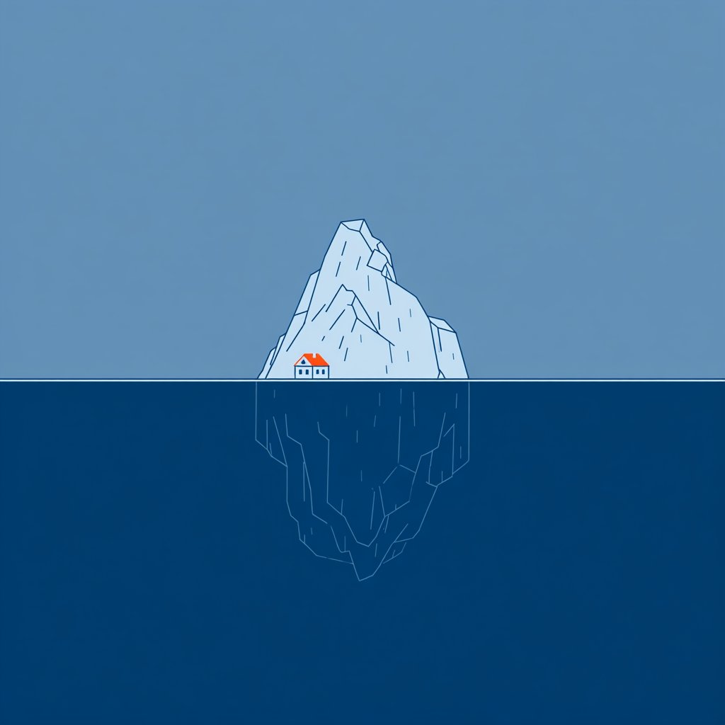 A minimalist flat illustration of an iceberg with a small visible tip and a large submerged portion, representing hidden costs in homeownership.