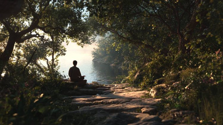 Person meditating or reflecting in a serene, natural environment.