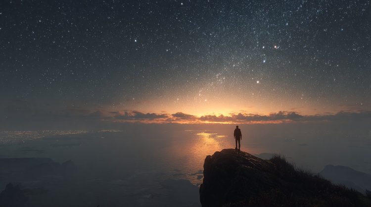 Person navigating through a starlit landscape, guided by an inner light.