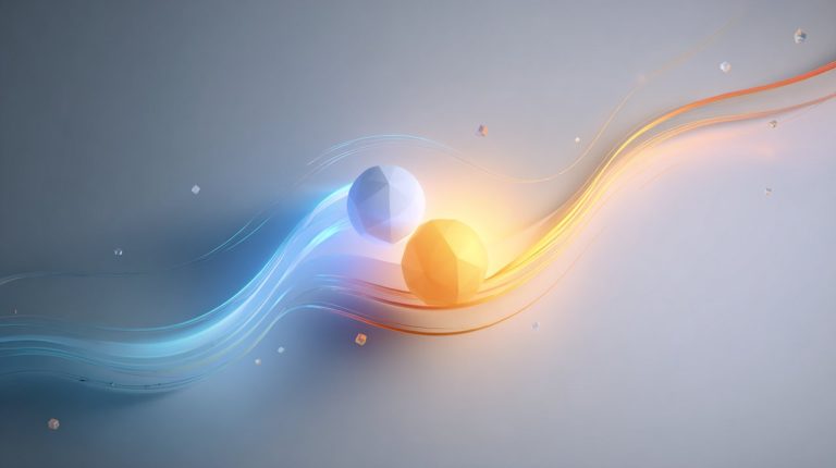 Abstract isometric illustration of two diverging luminous paths, symbolizing life choices, emerging from a central glowing core of inner wisdom. One path is brightly illuminated with harmonious orange and blue, representing optimal alignment, while the other is subtly muted. Geometric elements along the paths symbolize material, time, mental, and emotional dimensions. Clean lines, tech blue, neutral gray, and bright orange accents convey clarity and insight.