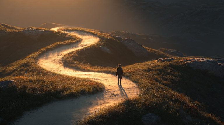 A person looking at a complex, winding path with a clear direction appearing ahead.