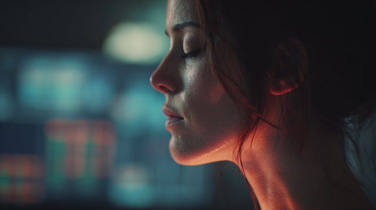 A person contemplating with intuitive light, data in background.