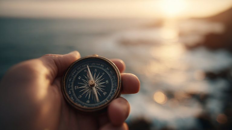 A hand holding a vintage compass pointing to the horizon.