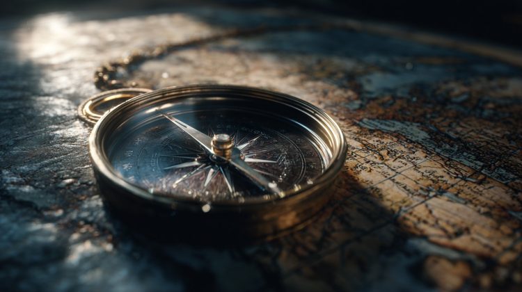 Antique compass on a map symbolizing life guidance