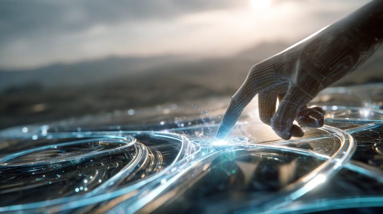 Hand interacting with a holographic interface for strategic decision making