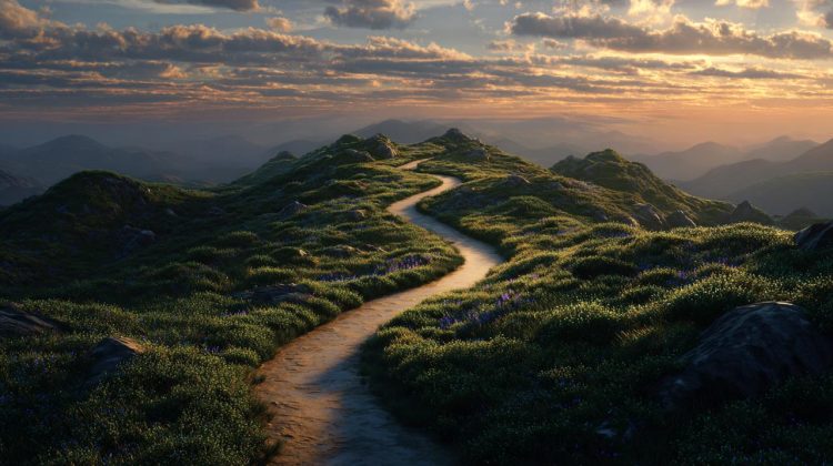 A winding, illuminated path unfolding into a vast, inspiring landscape.