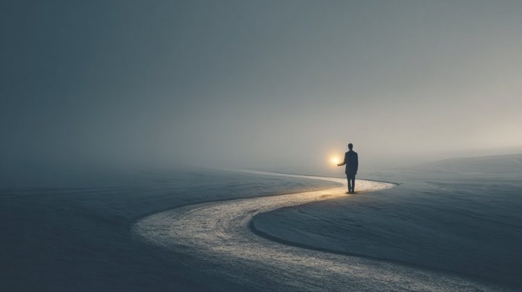 A person navigating a winding path with a compass, symbolizing resilience and recalibration.