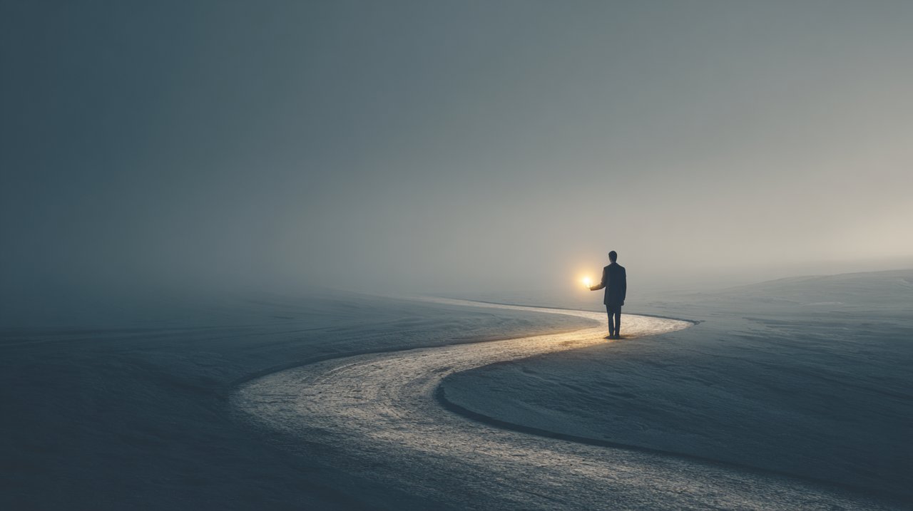 A person navigating a winding path with a compass, symbolizing resilience and recalibration.