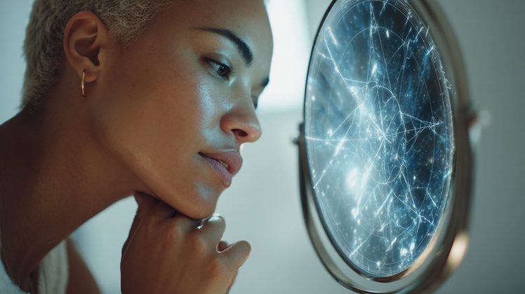 A person contemplating their life path, reflected in a clear mirror.