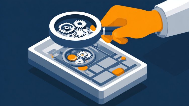 An isometric illustration of a person critically examining a mortgage calculator, highlighting the need for prudence and understanding.