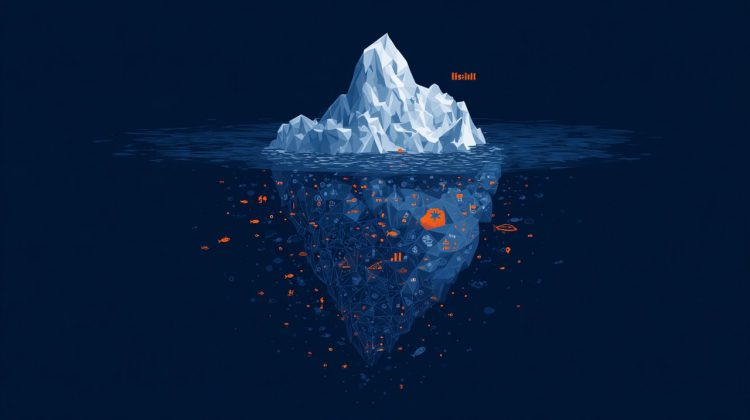 An isometric illustration of an iceberg, where the visible tip represents principal and interest, and the larger submerged part represents hidden mortgage fees and taxes.